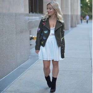 Signature Eight Butterfly Embroidered Moto Jacket Olive Green Wool Biker Small